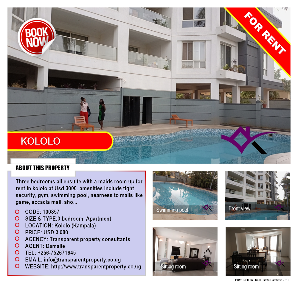 3 bedroom Apartment  for rent in Kololo Kampala Uganda, code: 100857