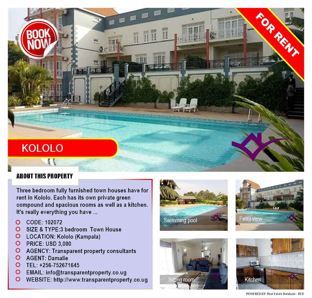 3 bedroom Town House  for rent in Kololo Kampala Uganda, code: 102072