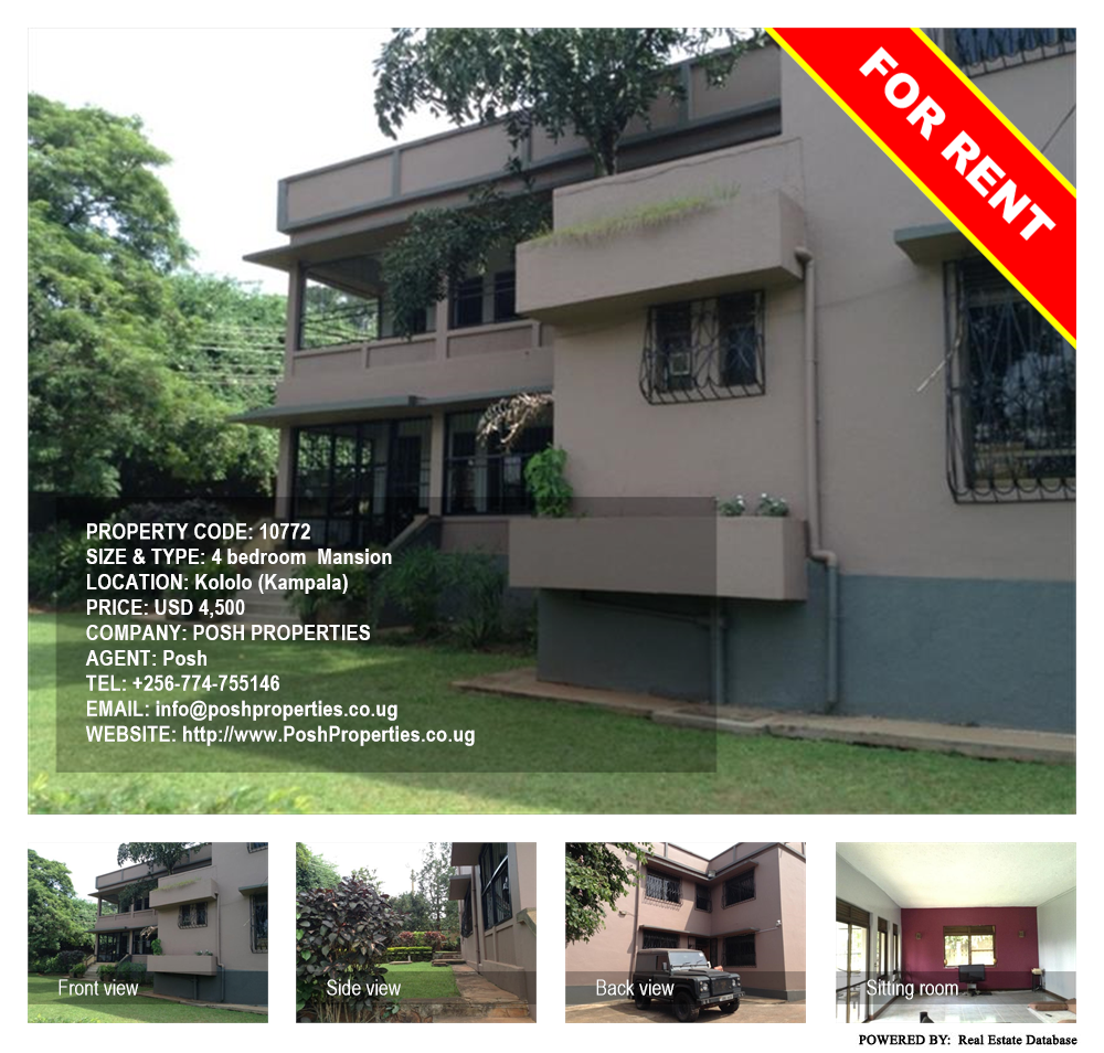 4 bedroom Mansion  for rent in Kololo Kampala Uganda, code: 10772