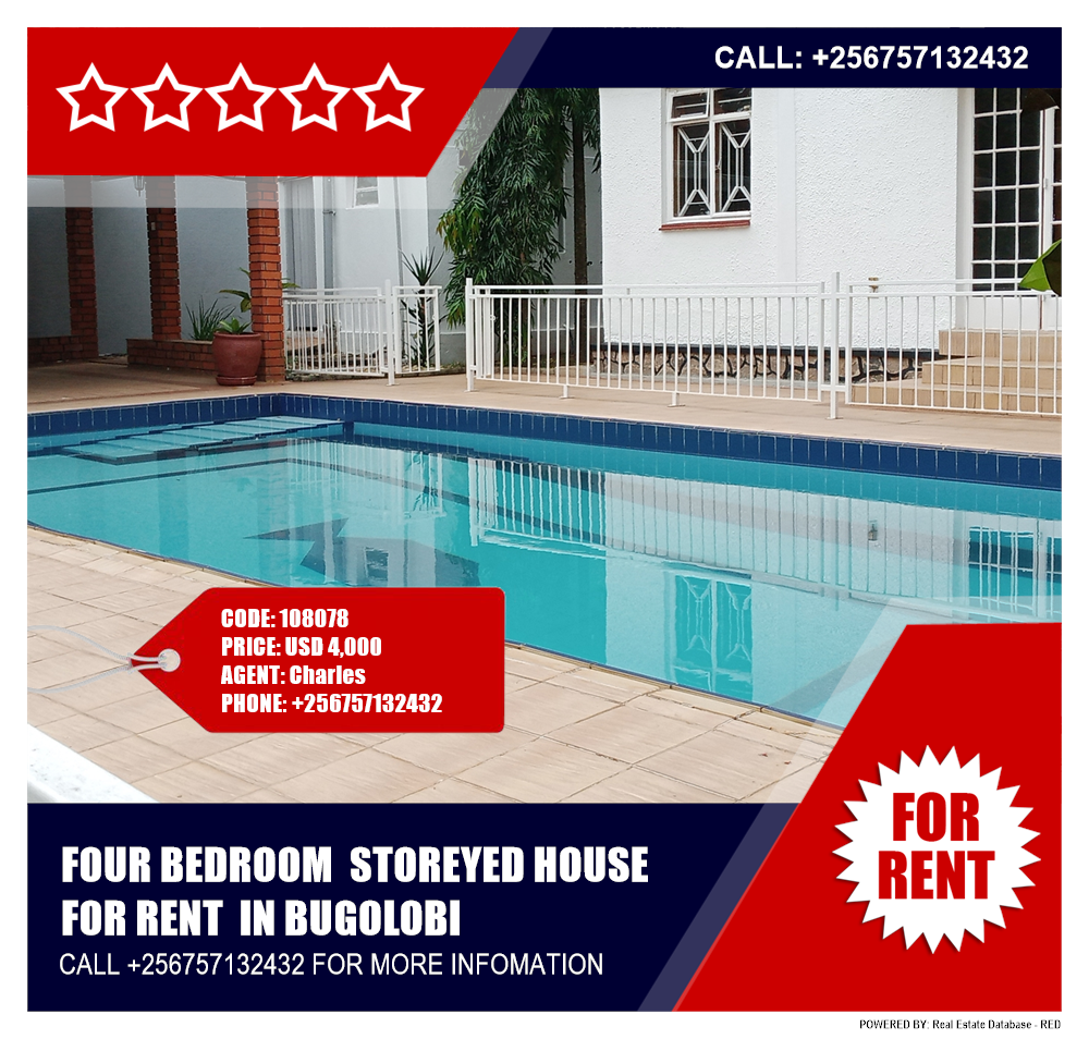 4 bedroom Storeyed house  for rent in Bugoloobi Kampala Uganda, code: 108078