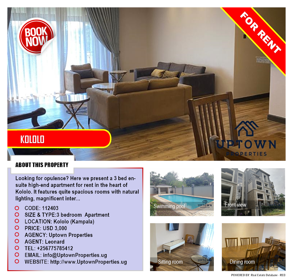 3 bedroom Apartment  for rent in Kololo Kampala Uganda, code: 112403