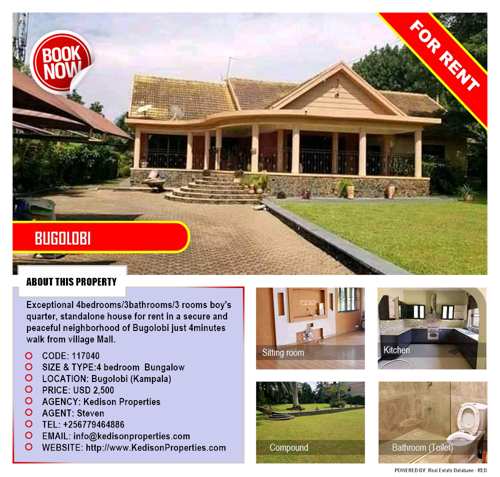 4 bedroom Bungalow  for rent in Bugoloobi Kampala Uganda, code: 117040