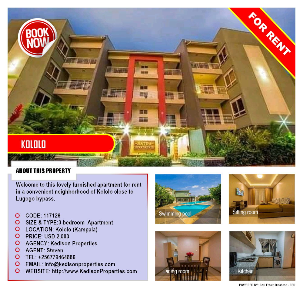 3 bedroom Apartment  for rent in Kololo Kampala Uganda, code: 117126