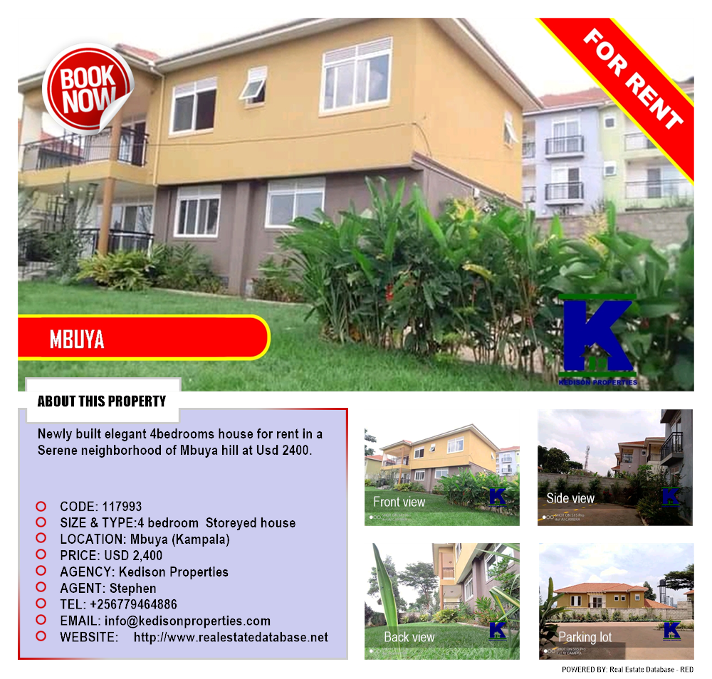 4 bedroom Storeyed house  for rent in Mbuya Kampala Uganda, code: 117993