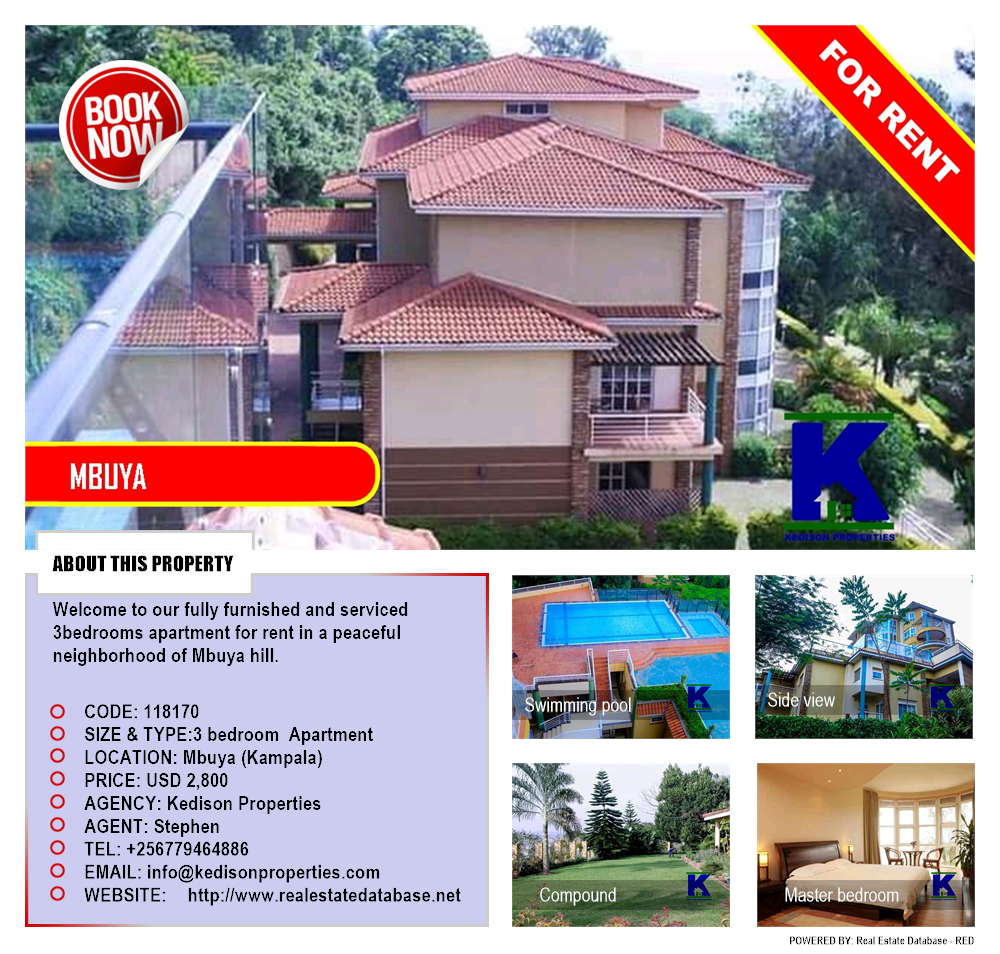 3 bedroom Apartment  for rent in Mbuya Kampala Uganda, code: 118170