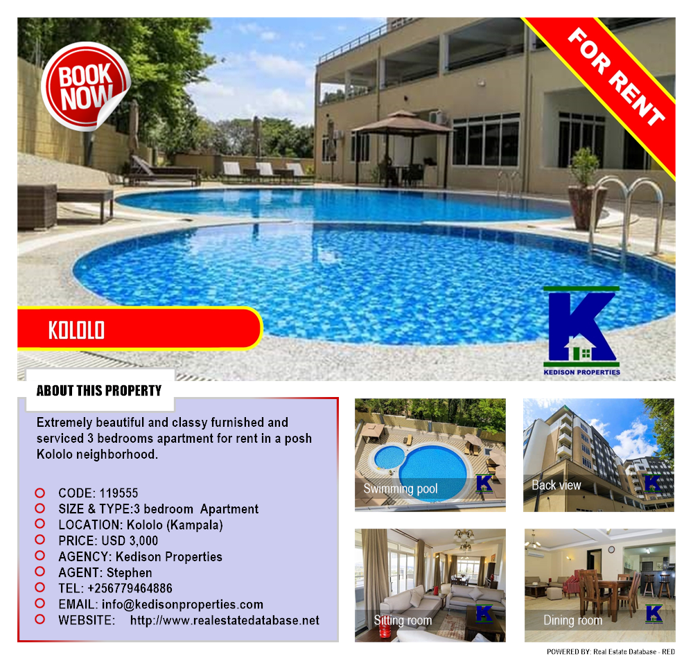 3 bedroom Apartment  for rent in Kololo Kampala Uganda, code: 119555