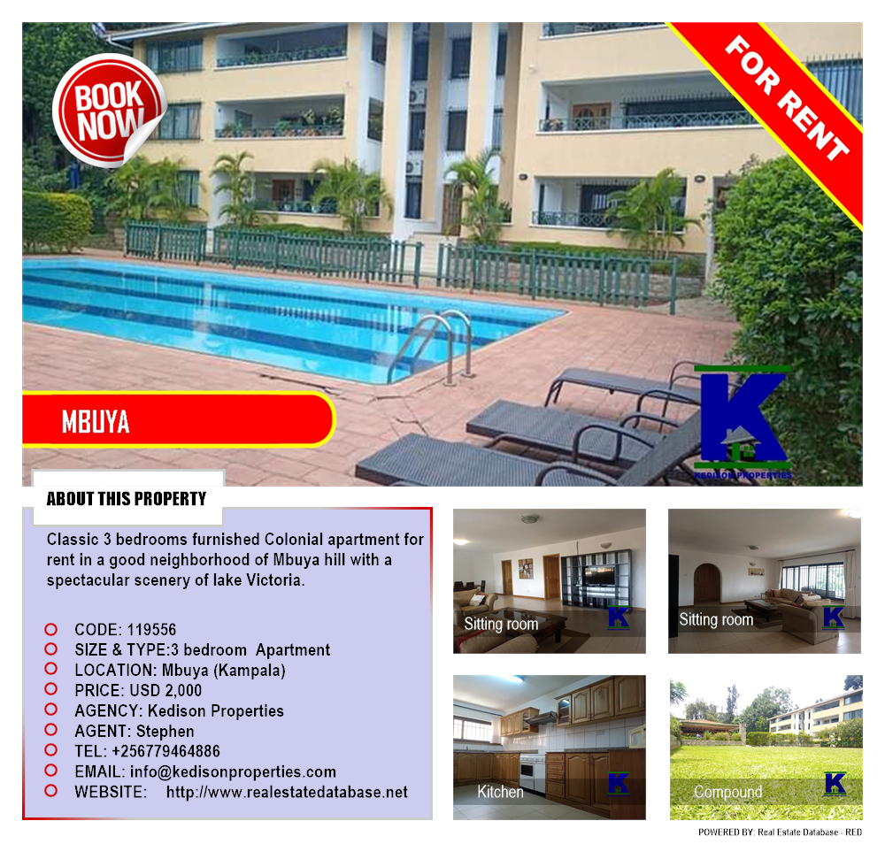 3 bedroom Apartment  for rent in Mbuya Kampala Uganda, code: 119556