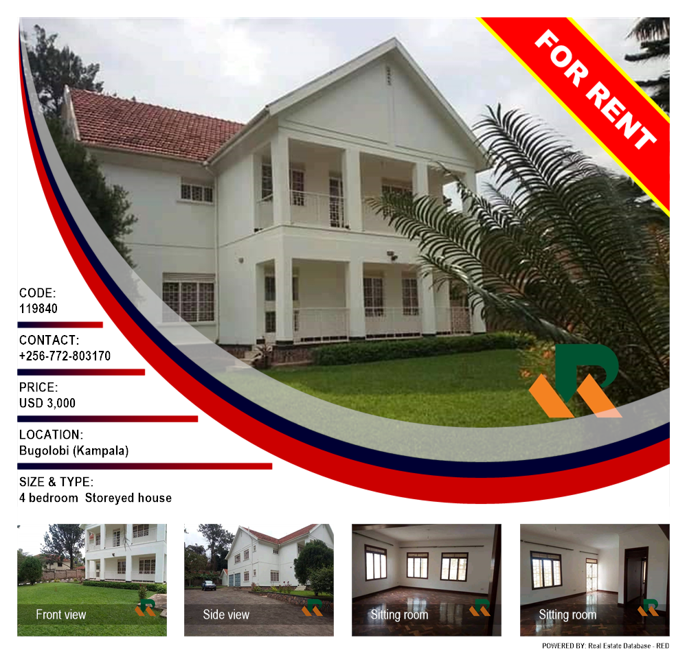 4 bedroom Storeyed house  for rent in Bugoloobi Kampala Uganda, code: 119840