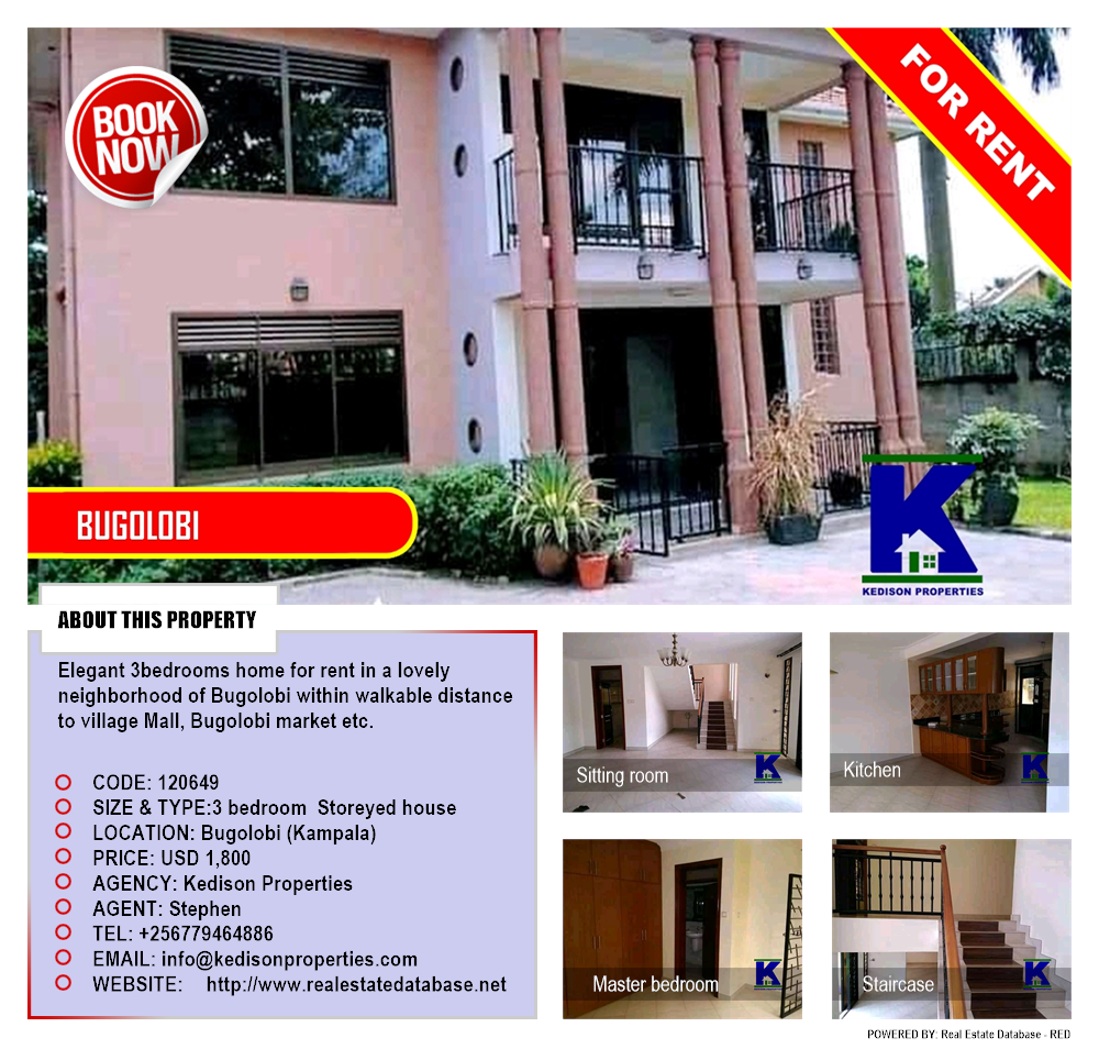 3 bedroom Storeyed house  for rent in Bugoloobi Kampala Uganda, code: 120649