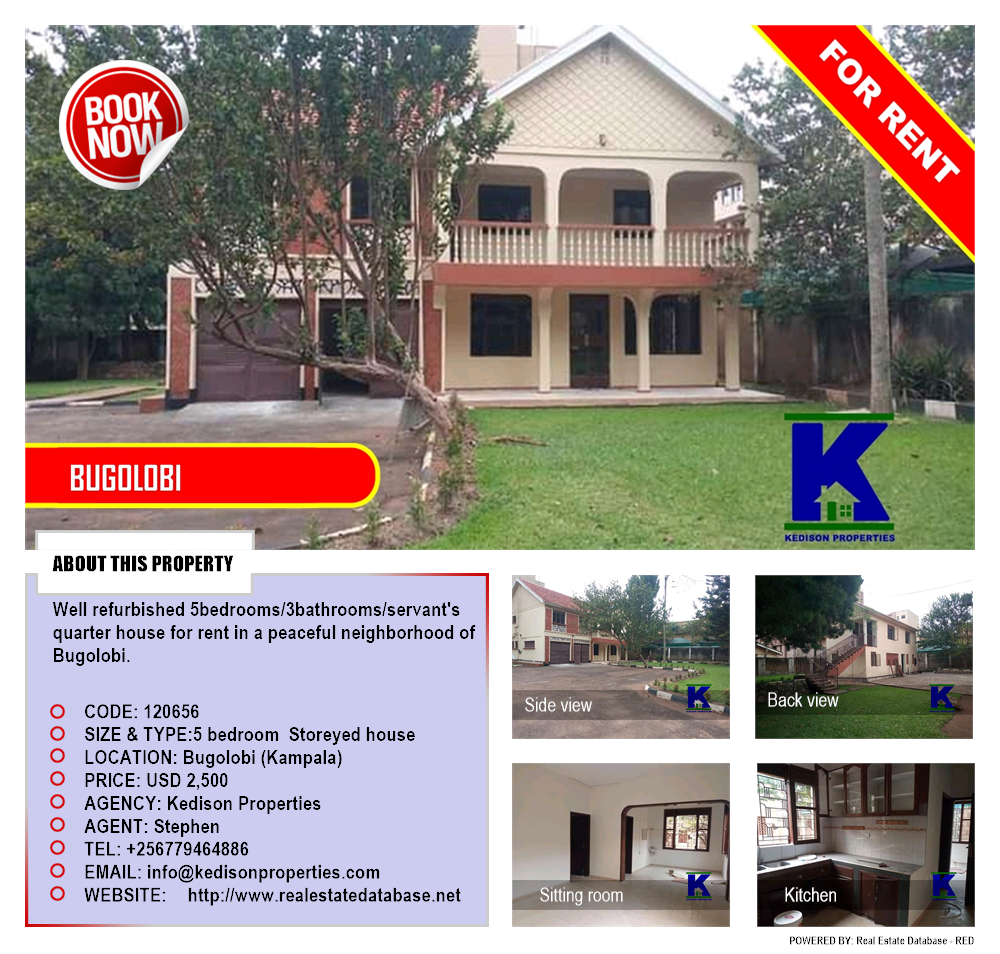 5 bedroom Storeyed house  for rent in Bugoloobi Kampala Uganda, code: 120656