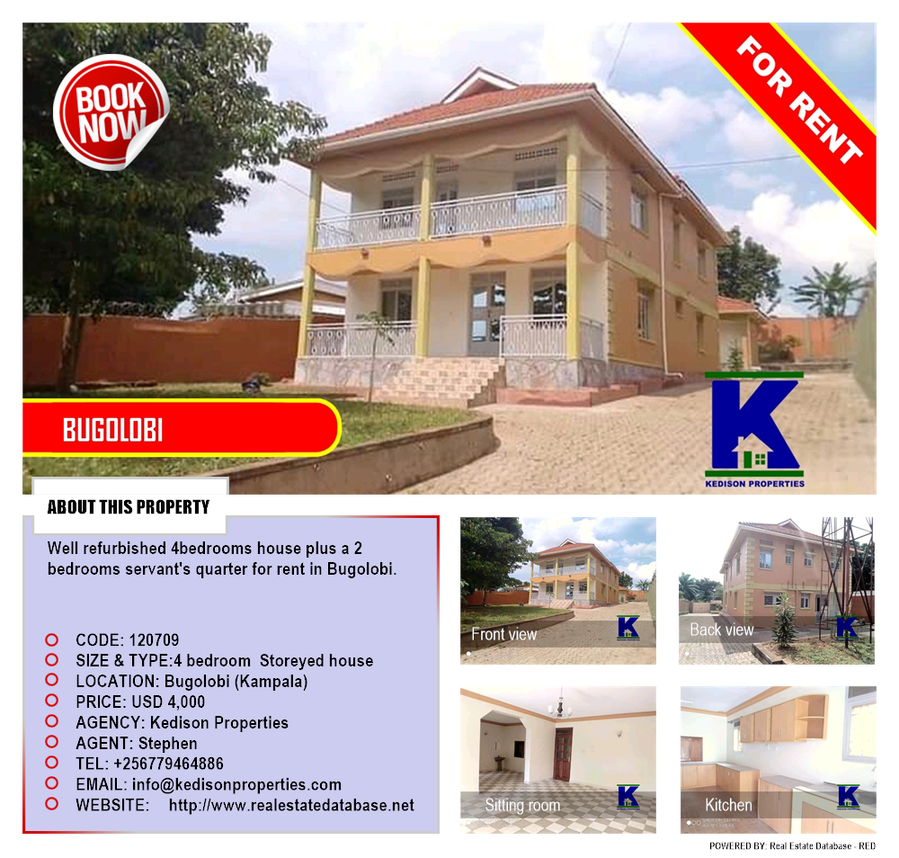 4 bedroom Storeyed house  for rent in Bugoloobi Kampala Uganda, code: 120709