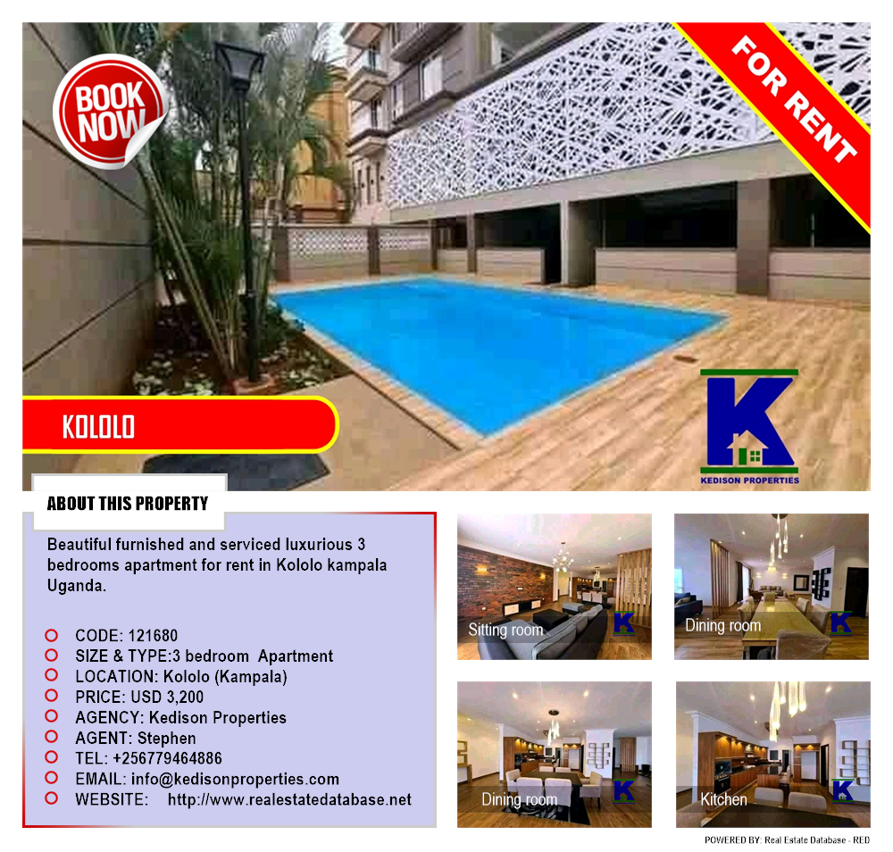 3 bedroom Apartment  for rent in Kololo Kampala Uganda, code: 121680