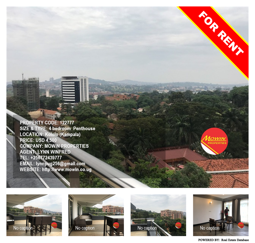 4 bedroom Penthouse  for rent in Kololo Kampala Uganda, code: 122777