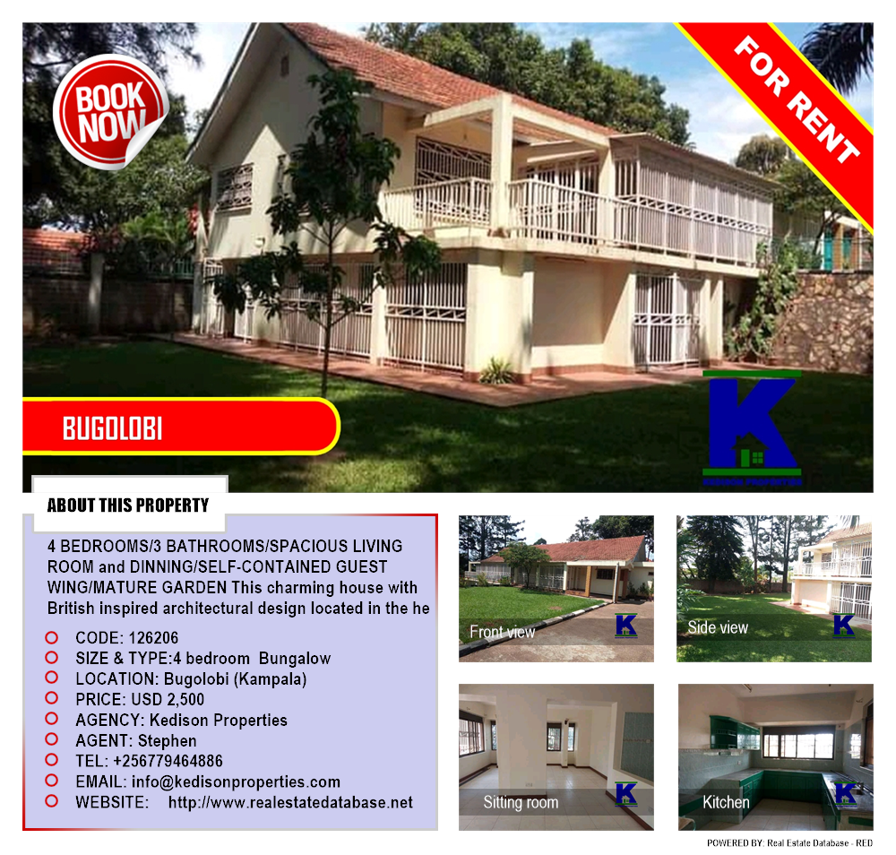 4 bedroom Bungalow  for rent in Bugoloobi Kampala Uganda, code: 126206