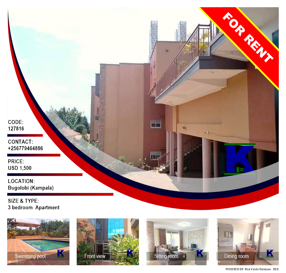 3 bedroom Apartment  for rent in Bugoloobi Kampala Uganda, code: 127816