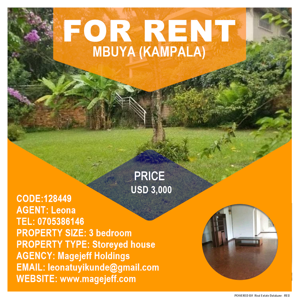 3 bedroom Storeyed house  for rent in Mbuya Kampala Uganda, code: 128449