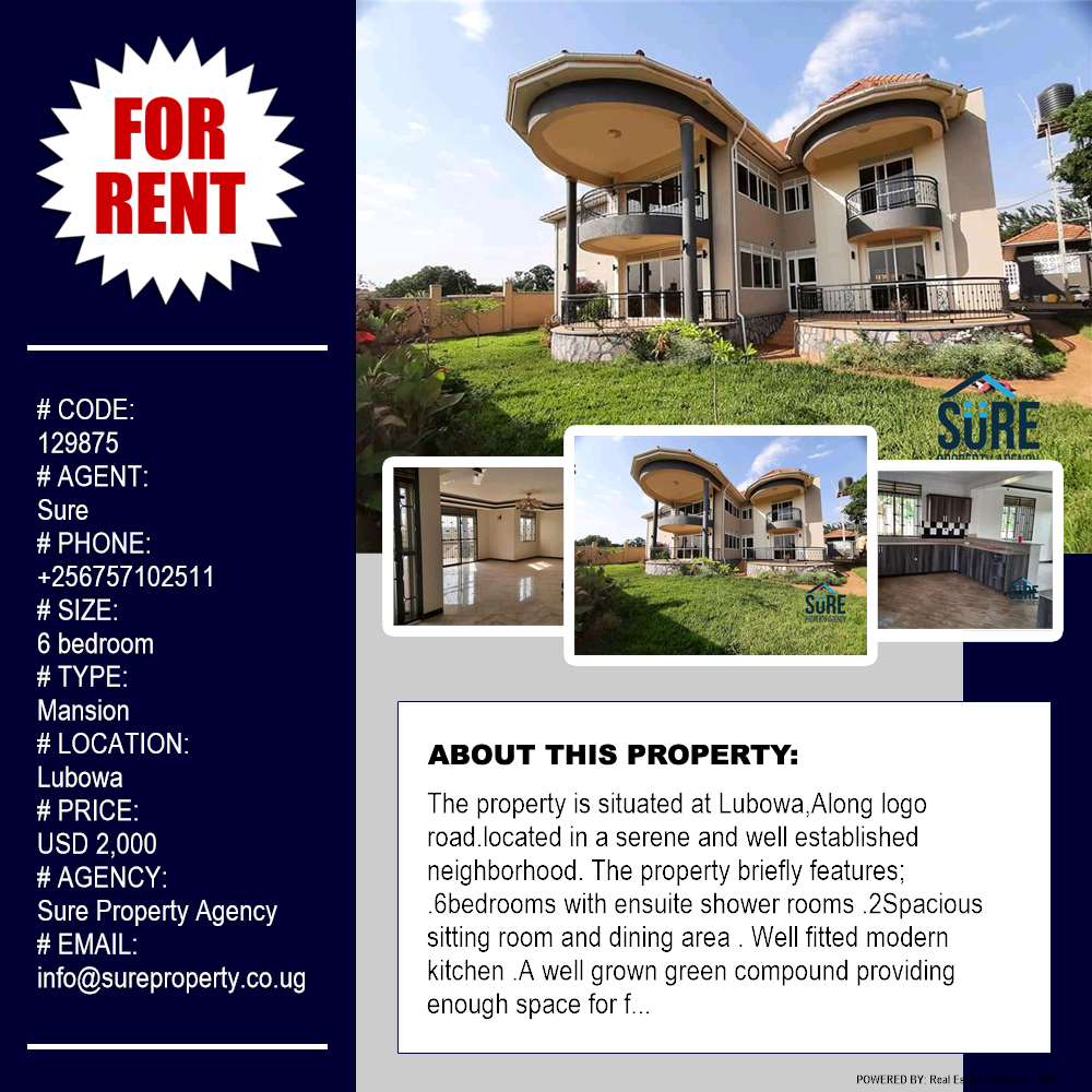 6 bedroom Mansion  for rent in Lubowa Kampala Uganda, code: 129875