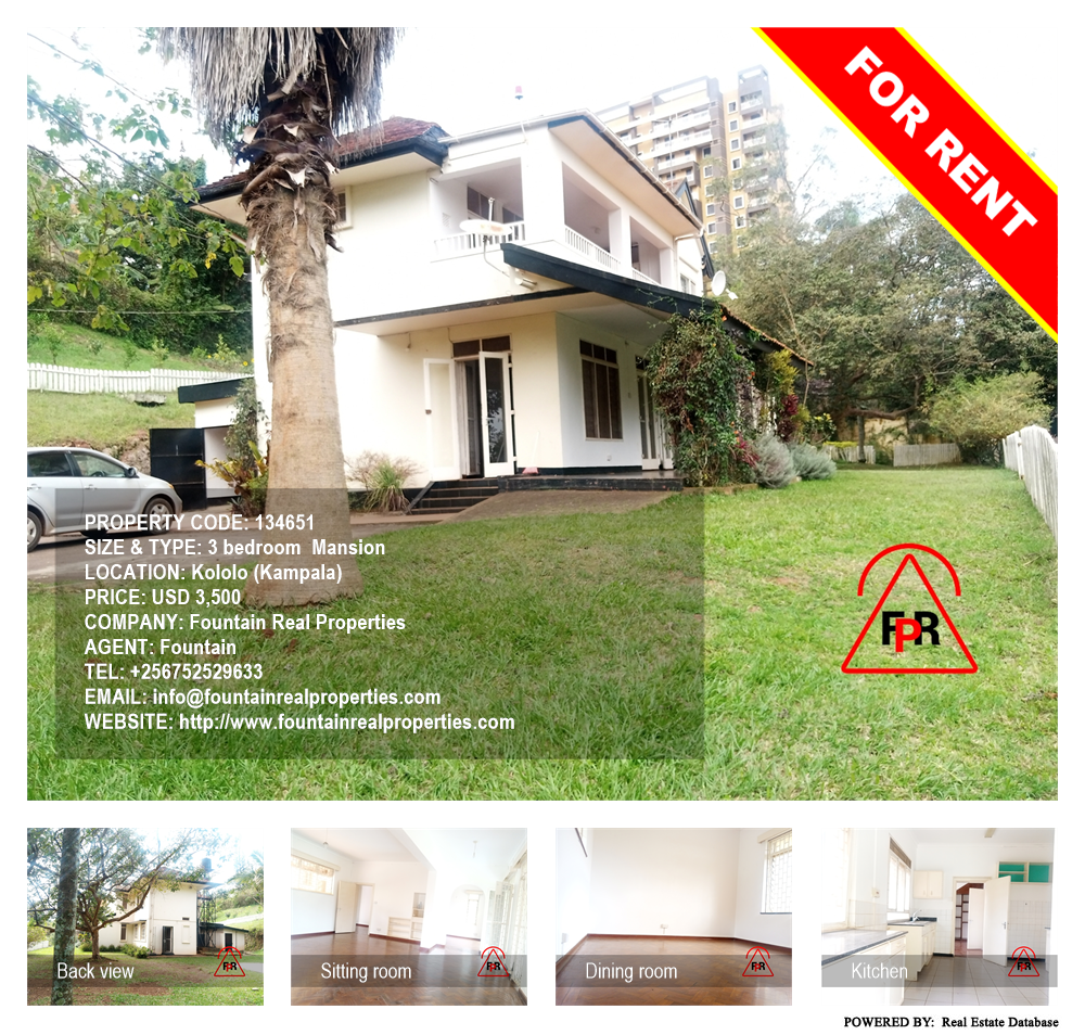 3 bedroom Mansion  for rent in Kololo Kampala Uganda, code: 134651