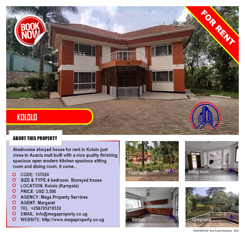 4 bedroom Storeyed house  for rent in Kololo Kampala Uganda, code: 137024