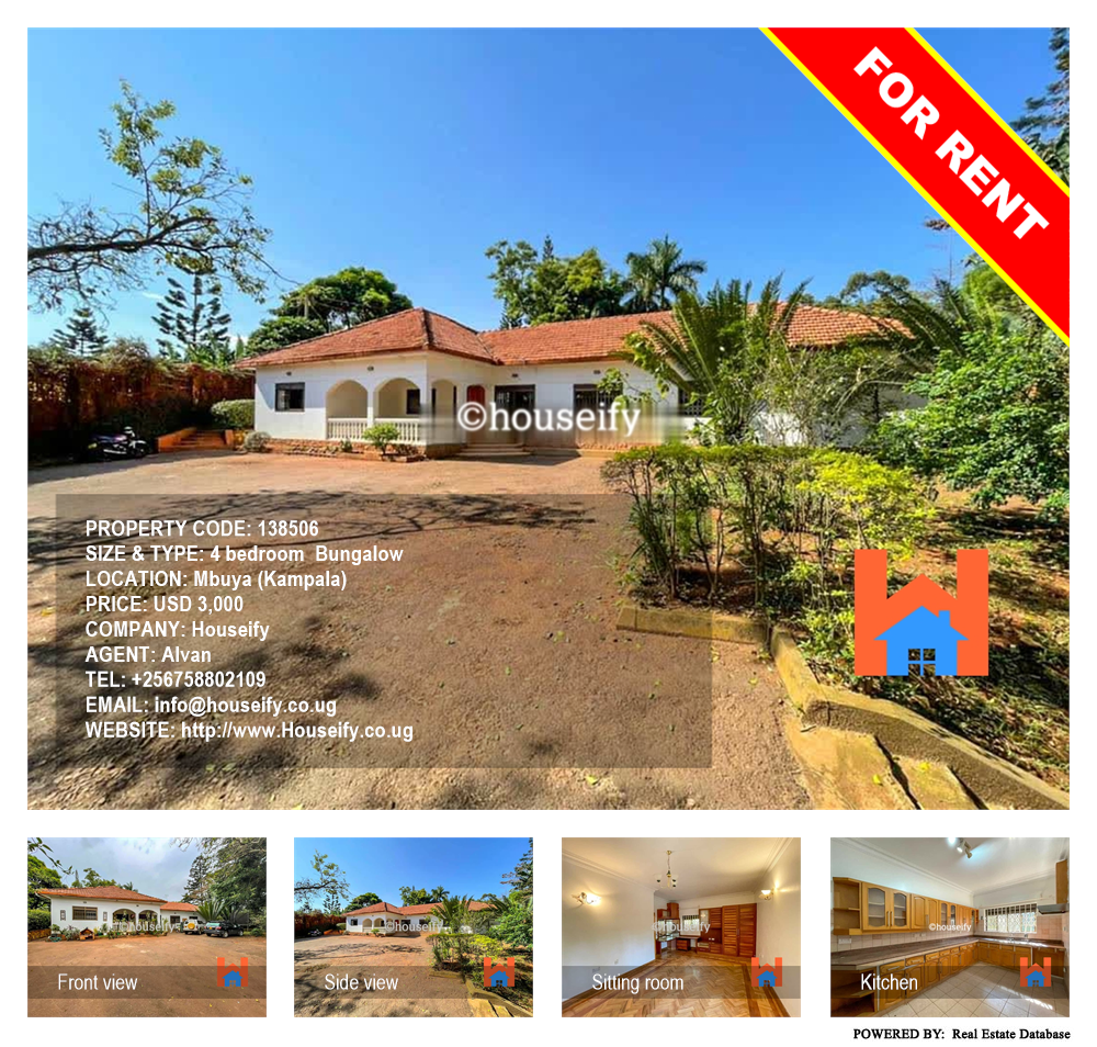 4 bedroom Bungalow  for rent in Mbuya Kampala Uganda, code: 138506