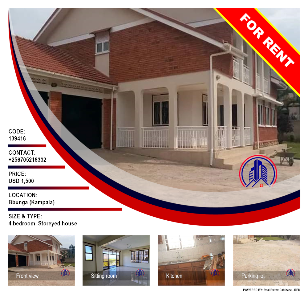 4 bedroom Storeyed house  for rent in Bbunga Kampala Uganda, code: 139416