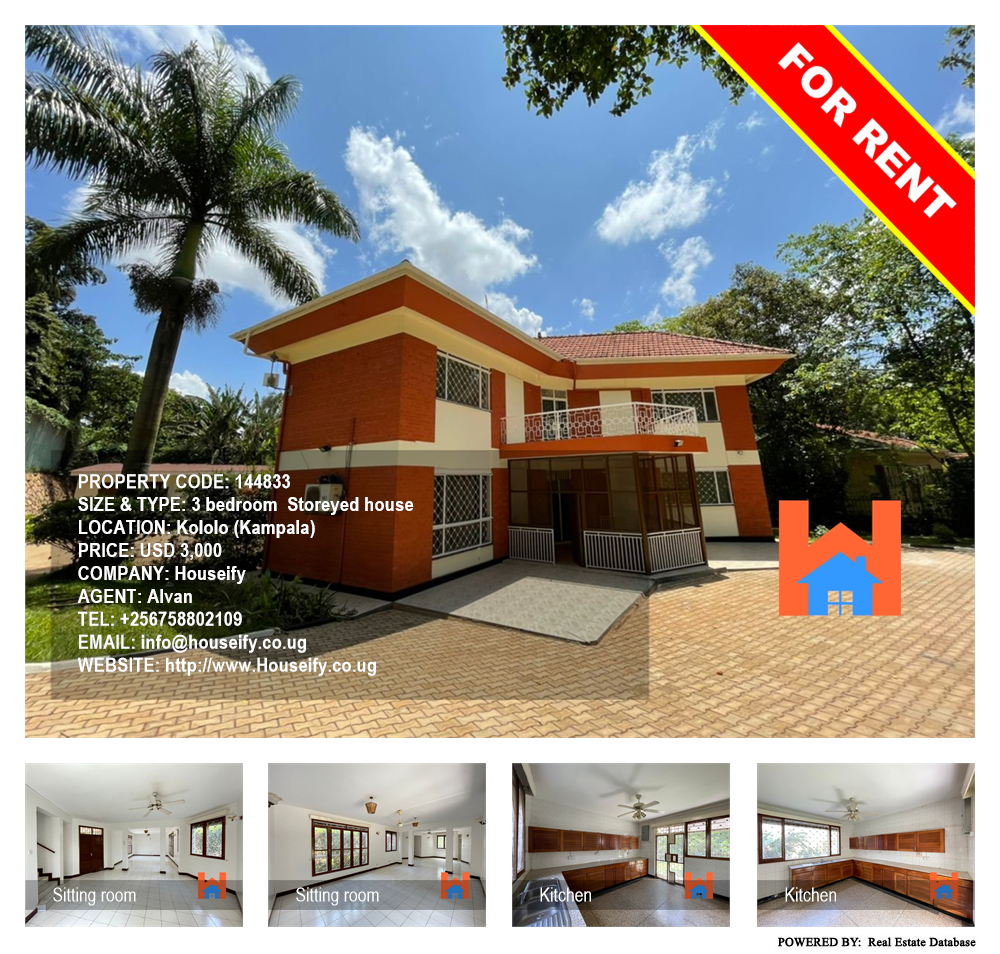 3 bedroom Storeyed house  for rent in Kololo Kampala Uganda, code: 144833
