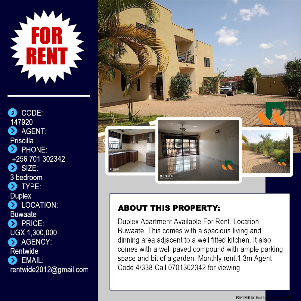 3 bedroom Duplex  for rent in Buwaate Wakiso Uganda, code: 147920