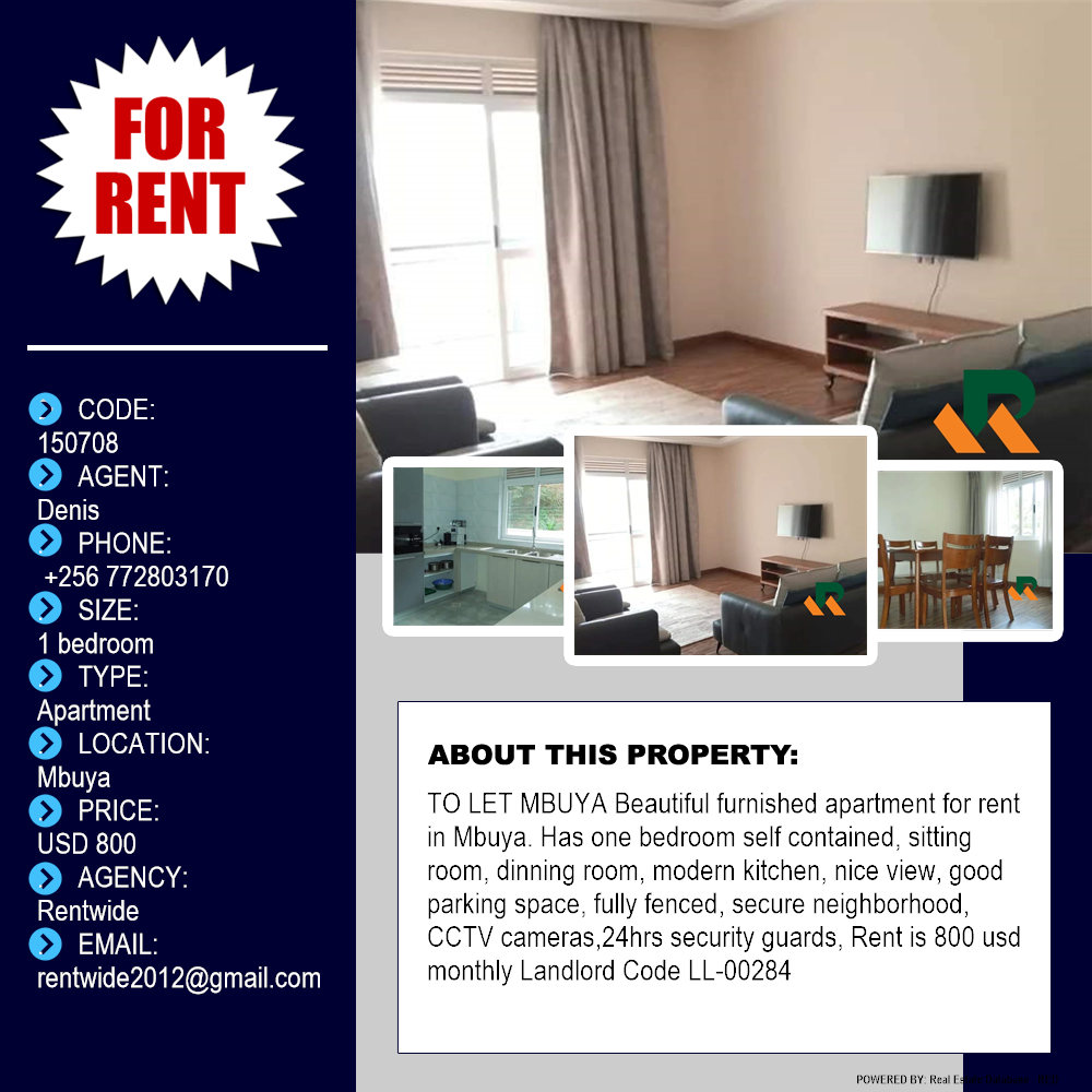 1 bedroom Apartment  for rent in Mbuya Kampala Uganda, code: 150708