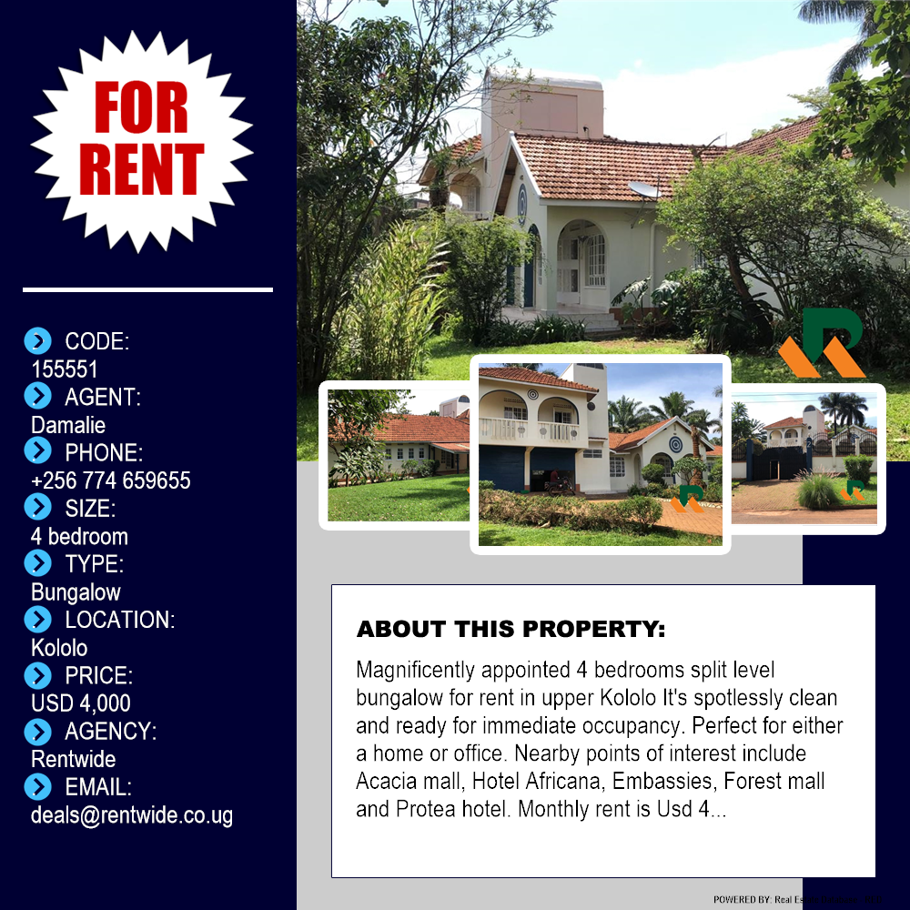 4 bedroom Bungalow  for rent in Kololo Kampala Uganda, code: 155551