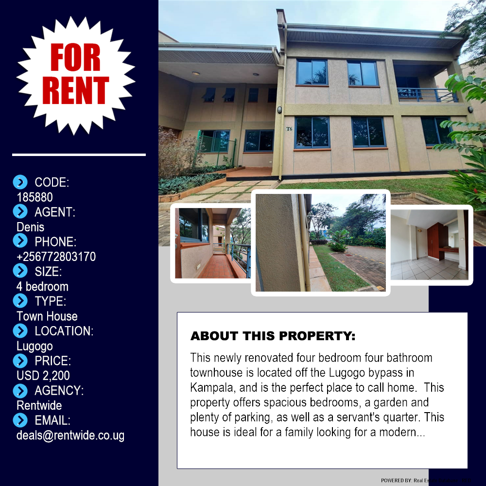 4 bedroom Town House  for rent in Lugogo Kampala Uganda, code: 185880