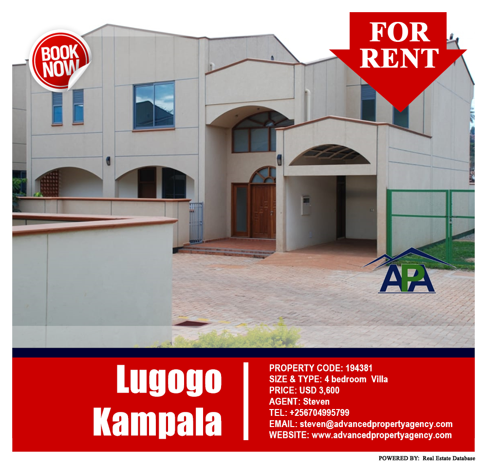 4 bedroom Villa  for rent in Lugogo Kampala Uganda, code: 194381