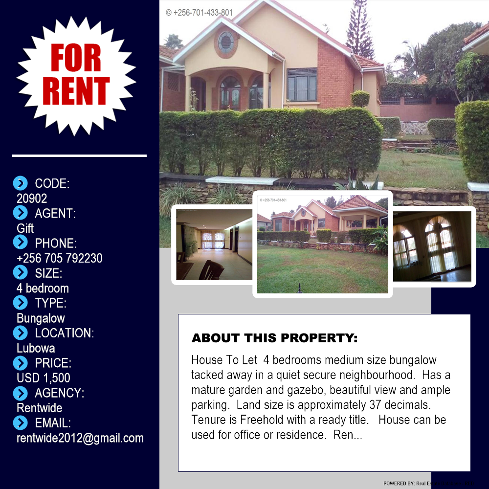 4 bedroom Bungalow  for rent in Lubowa Wakiso Uganda, code: 20902