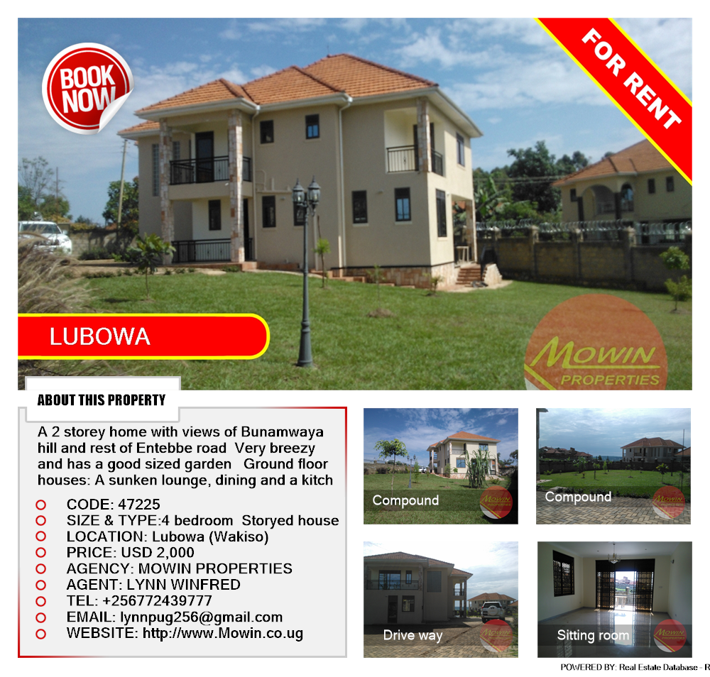 4 bedroom Storeyed house  for rent in Lubowa Wakiso Uganda, code: 47225