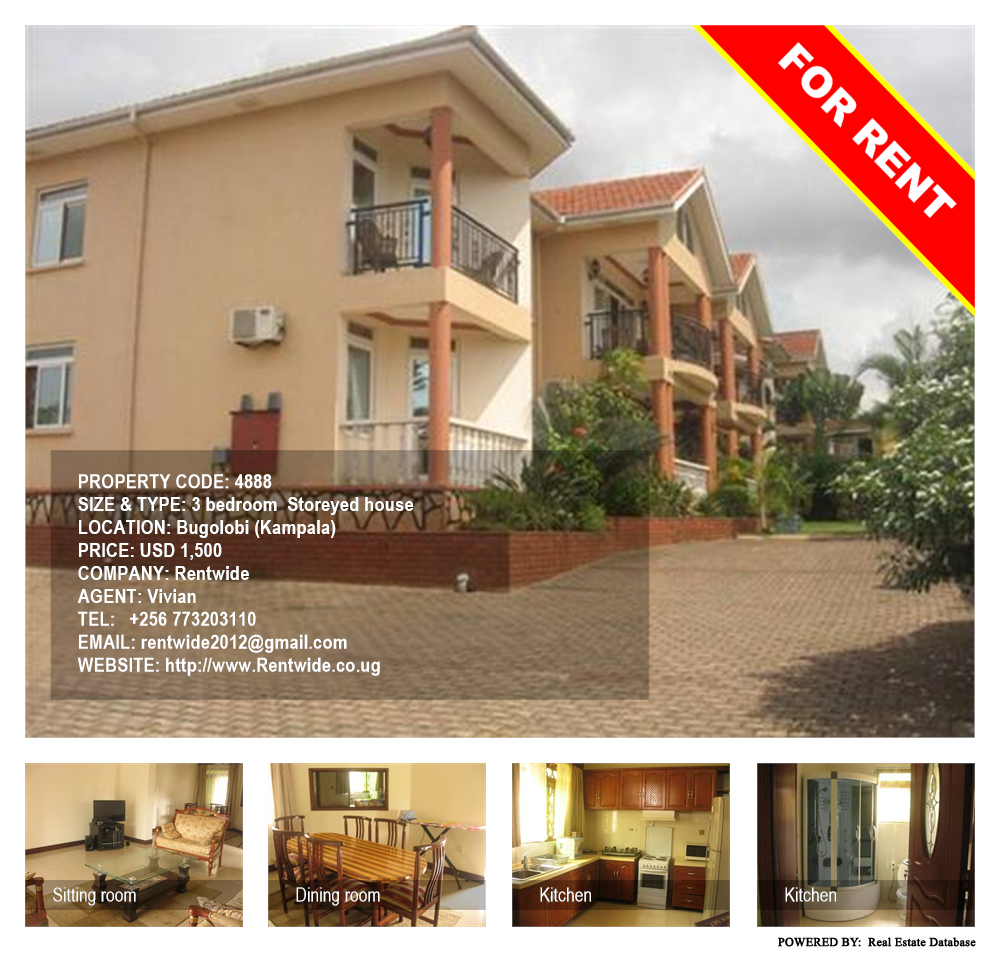 3 bedroom Storeyed house  for rent in Bugoloobi Kampala Uganda, code: 4888