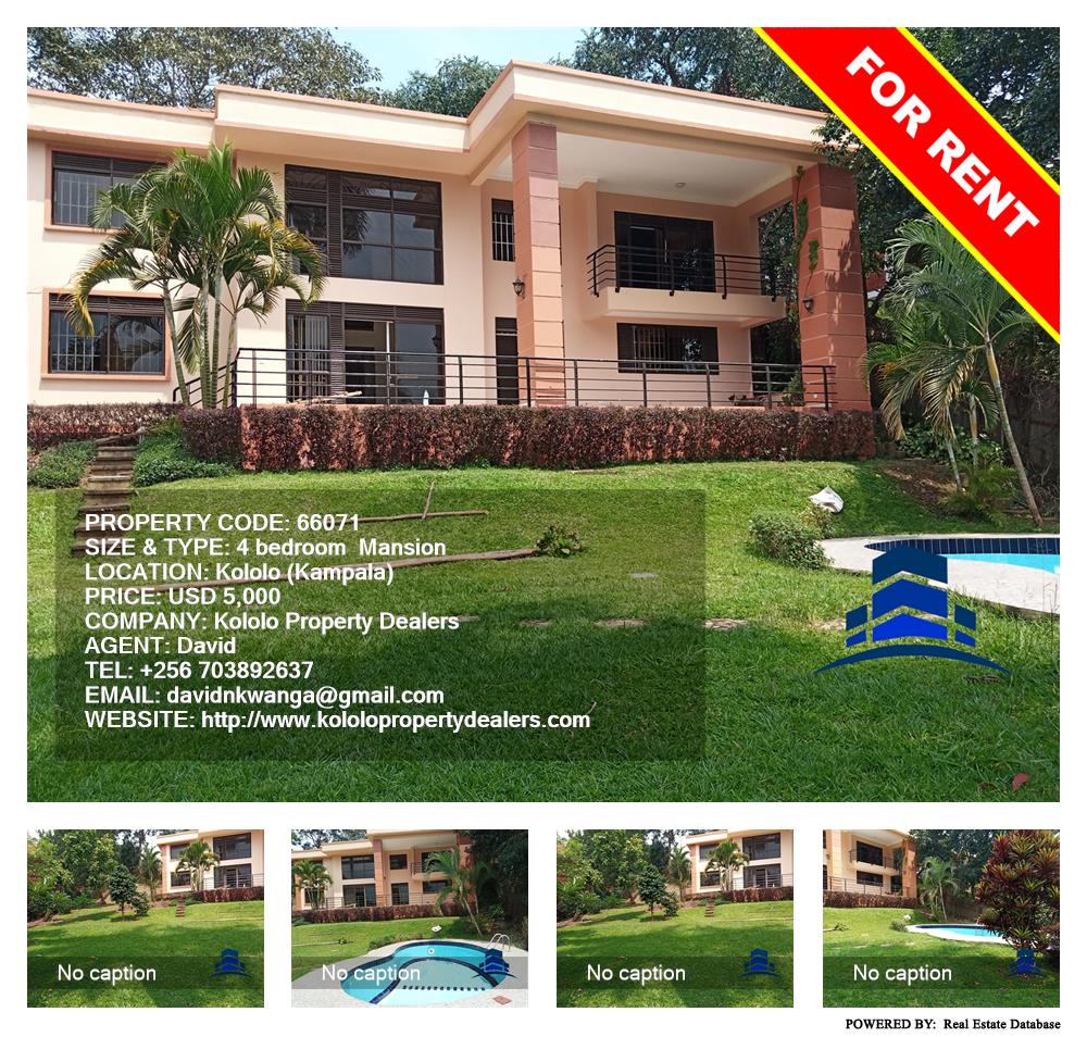 4 bedroom Mansion  for rent in Kololo Kampala Uganda, code: 66071