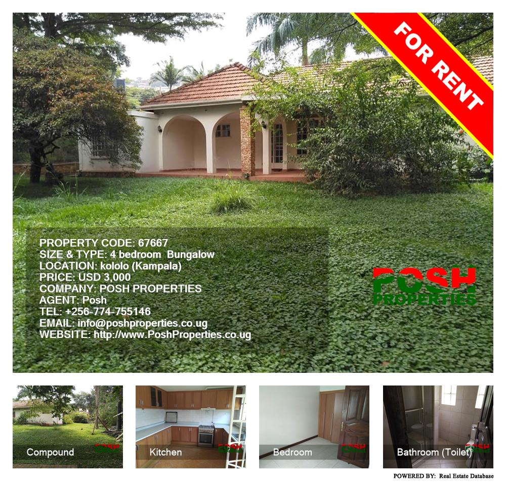 4 bedroom Bungalow  for rent in Kololo Kampala Uganda, code: 67667