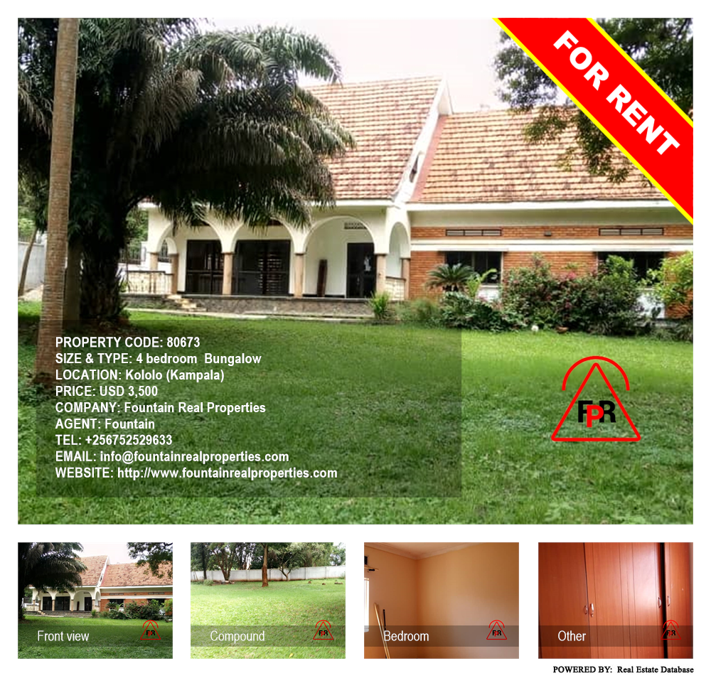 4 bedroom Bungalow  for rent in Kololo Kampala Uganda, code: 80673