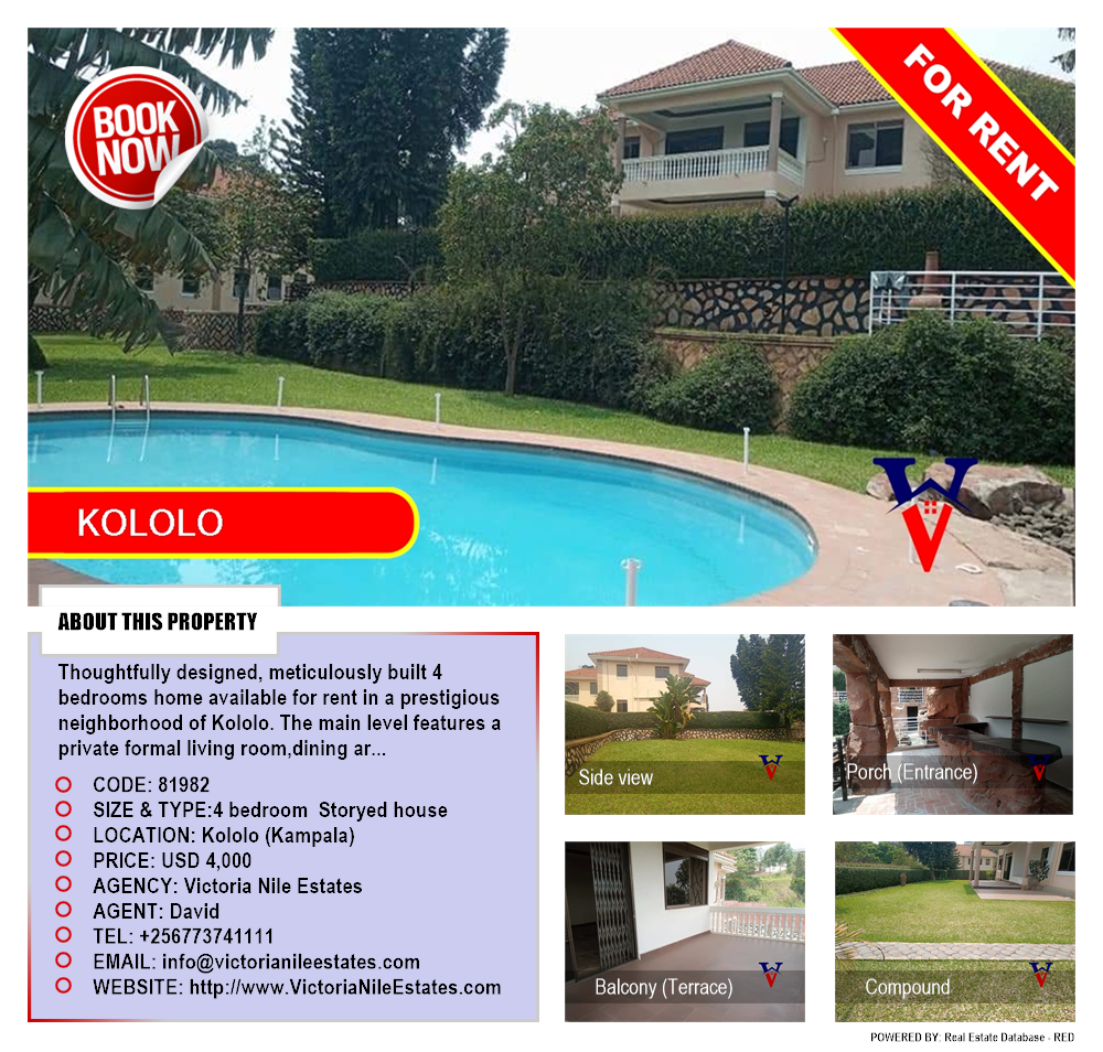 4 bedroom Storeyed house  for rent in Kololo Kampala Uganda, code: 81982