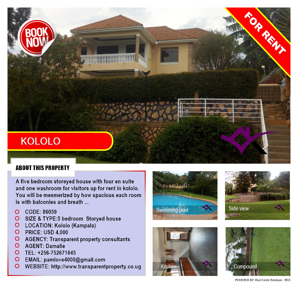 5 bedroom Storeyed house  for rent in Kololo Kampala Uganda, code: 86059