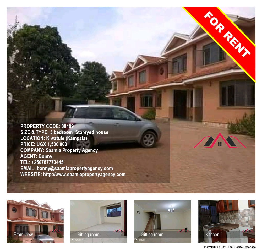 3 bedroom Storeyed house  for rent in Kiwaatule Kampala Uganda, code: 88409