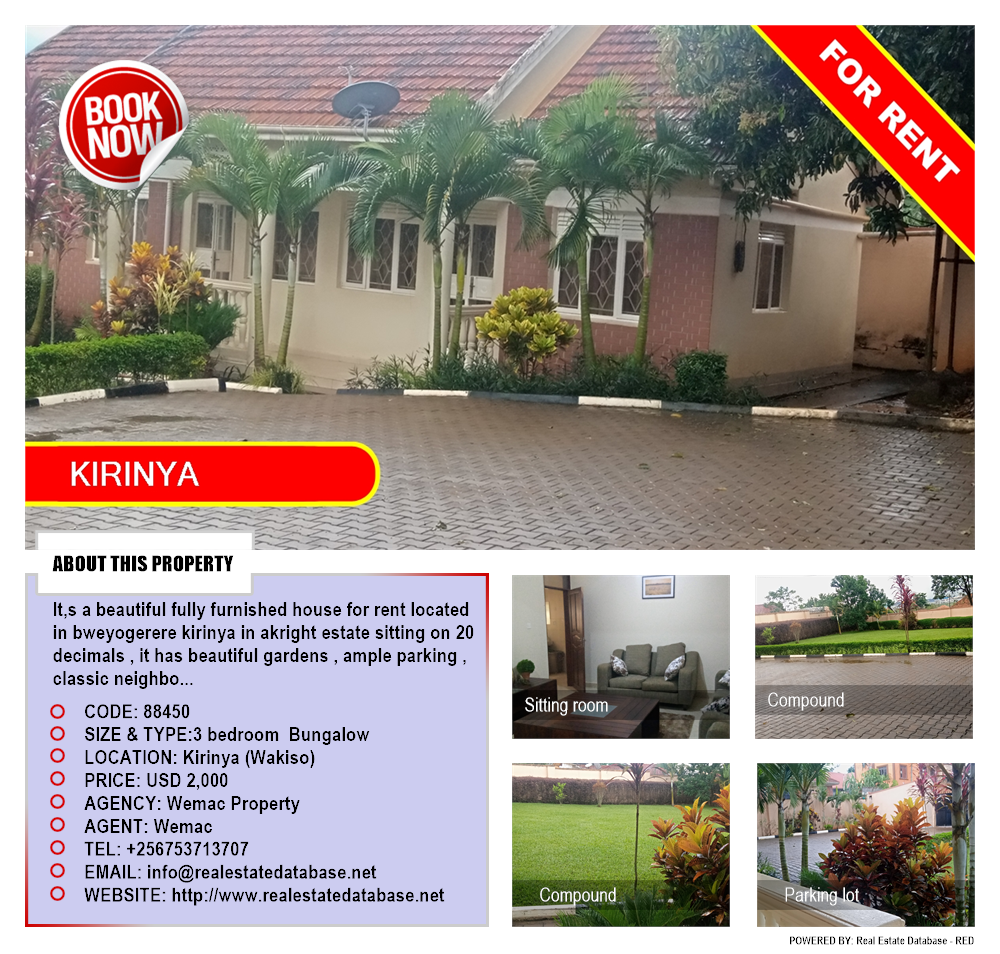 3 bedroom Bungalow  for rent in Kirinya Wakiso Uganda, code: 88450