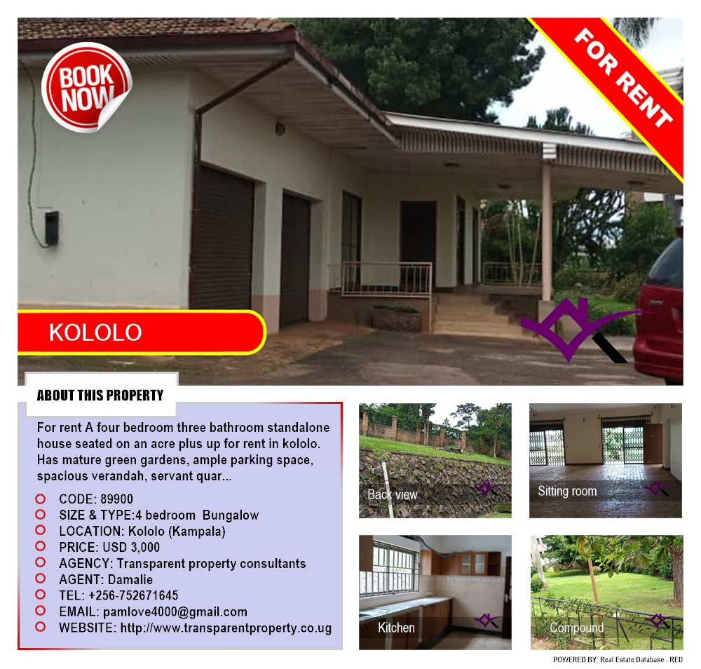 4 bedroom Bungalow  for rent in Kololo Kampala Uganda, code: 89900