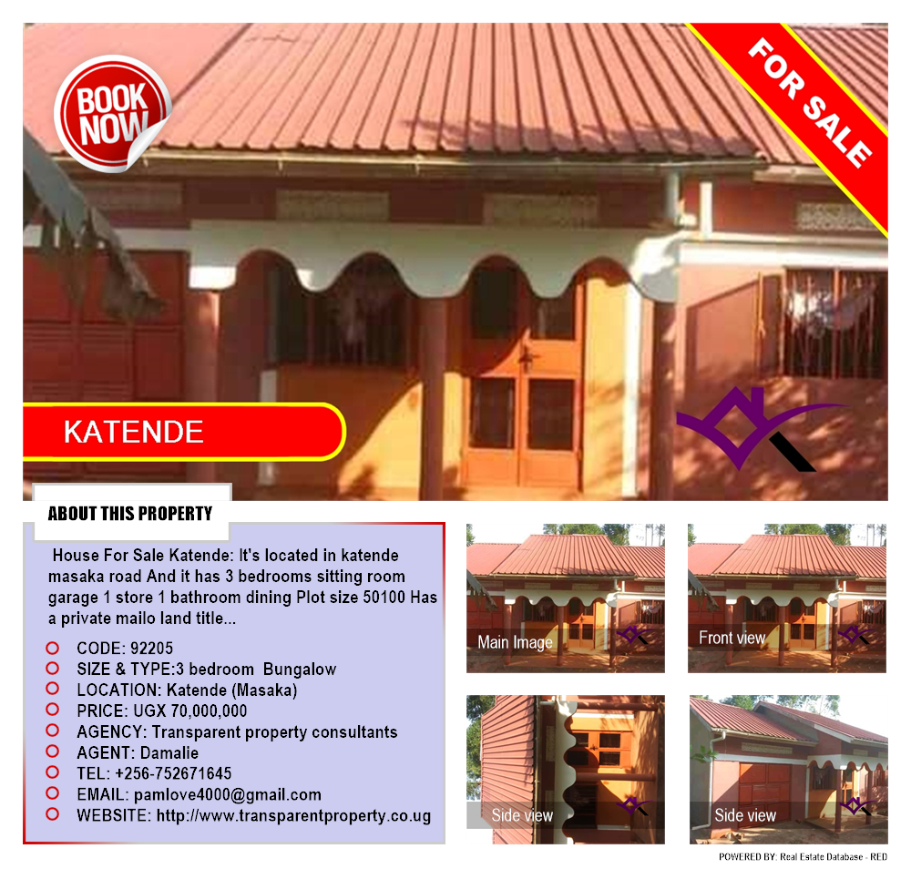 3 bedroom Bungalow  for sale in Katende Masaka Uganda, code: 92205