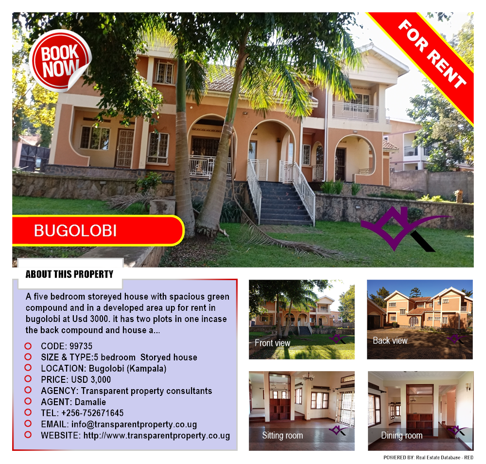 5 bedroom Storeyed house  for rent in Bugoloobi Kampala Uganda, code: 99735